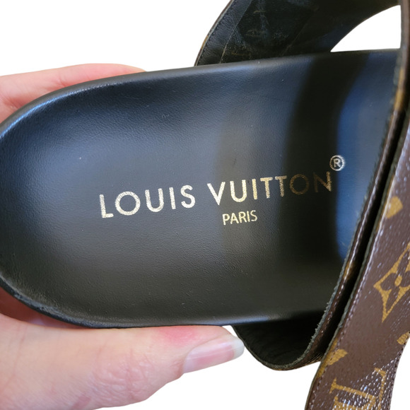 Louis Vuitton Monogram Bom Dia Leather Sandals LV Logo Brown Black Flat 10 40 - Picture 5 of 14